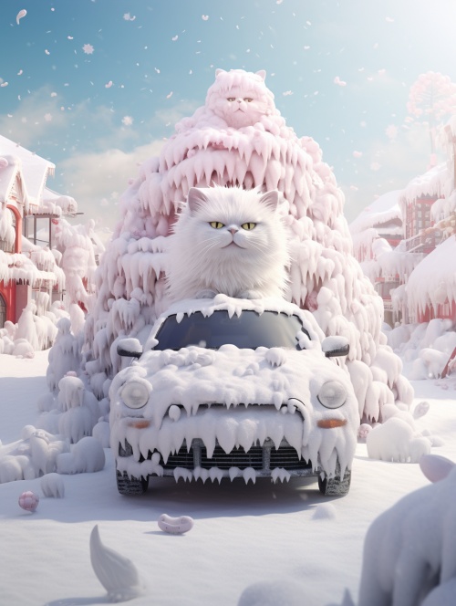 现实场景，一辆覆盖着大雪和冰冷的脸的汽车，采用调皮的猫科动物图案，32k uhd，foampunk，magewave，对称，bunnycore，剪切和粘贴的风格
