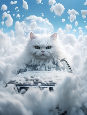 现实场景，一辆覆盖着大雪和冰冷的脸的汽车，采用调皮的猫科动物图案，32k uhd，foampunk，magewave，对称，bunnycore，剪切和粘贴的风格