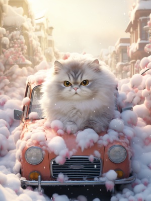 一辆覆盖着大雪和冰冷的脸的汽车，采用调皮的猫科动物图案，32k uhd，foampunk，magewave，对称，bunnycore，剪切和粘贴的风格