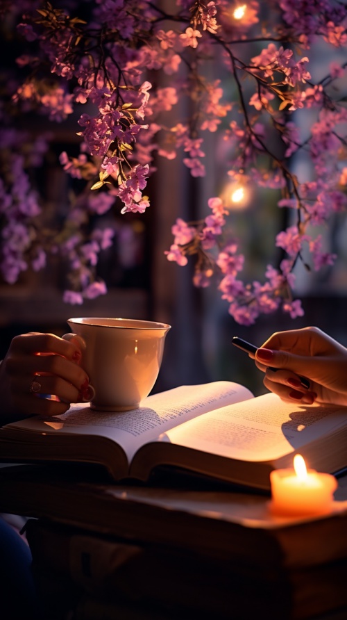 there is a book and a cup of coffee on a table, relaxing atmosphere, cozy and peaceful atmosphere, relaxing mood, quiet and serene atmosphere, peaceful ambience, relaxing environment, tea drinking and paper lanterns, cozy night fireflies, beautiful ambience, serene evening atmosphere, cozy cafe background, cozy home background, dreamy atmosphere, magical dream-like atmosphere