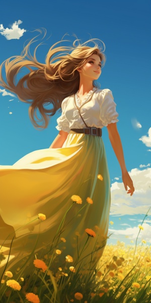 卡通美少女在蓝天下穿黄裙 唯美花海中微风拂发