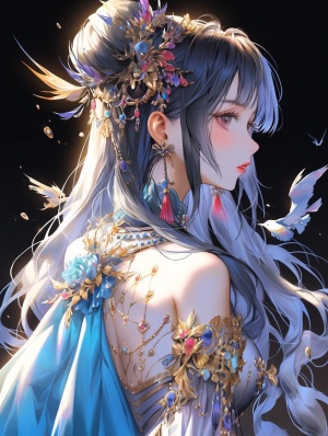Colorful Fantasy Art: Female Anime with Long Hair in Blue and Golden Dress