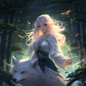 a-soul珈乐的图片，主题为小狼公主，场景背景是一片神秘的森林，阳光透过茂密的树叶洒在森林地面上，营造出一种神秘而温暖的氛围。小狼公主优雅地站在清澈的小溪旁边，她浑身散发着迷人的光芒，长而浓密的雪白毛发在微风中轻轻飘动。她眼神明亮且灵动，双眼间流露着聪慧与勇敢，仿佛能洞悉世间的一切秘密。她身穿一袭华丽的蓝色裙子，裙摆上绣有精美的花纹，仿佛是森林中的精灵般。小狼公主的一只脚静静地踏在石头上