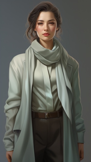 一个女人穿着浅蓝色外套和白色围巾，风格逼真逼真的人物，纯色，工笔，浅绿色，深米色，暖芯，闪闪发光