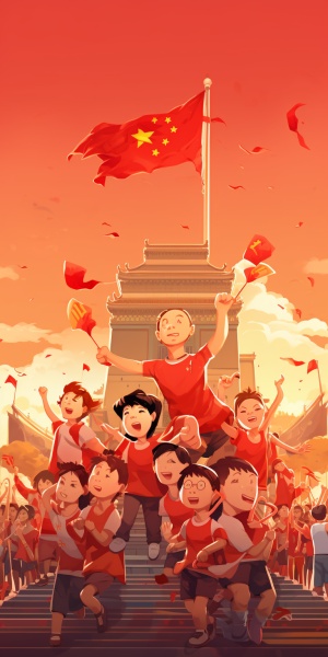 中国北京天安门升国旗与红色背景和可爱的神龙字符，在fawncore的风格，32k uhd，漫画样的插图，solapunk，钱轩，色彩强度，独特的人物设计
