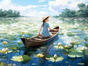 中国小女孩在白莲花河畔采莲之旅