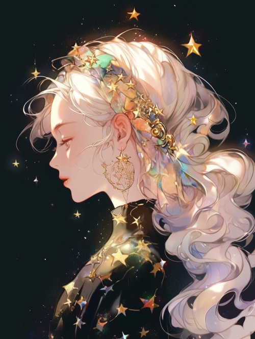 夜空，华美且温柔的渐变色彩，璀璨的金色珠宝点缀其中，如梦幻般的泡沫漂浮着，轻盈的云朵飘过，闪烁的流星划破天空，年轻的少女翩然而至。她伫立在星空下，仿佛是宇宙的女神，散发着神秘的光芒。
