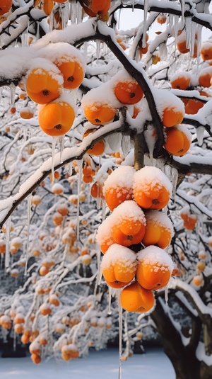 一颗柿子树挂满柿子，下雪，厚厚白雪，江南小镇，雪花，摄影