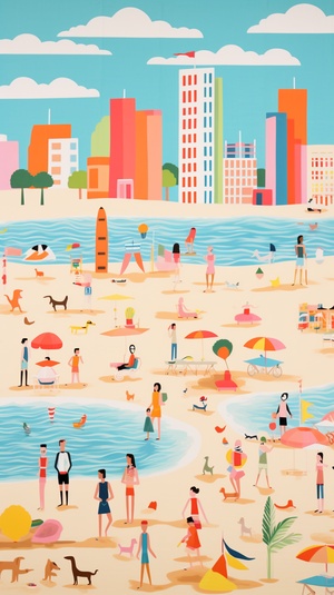 https:s.mj.run9xjiuxglz0g a set of colorful beach scenes with people on the beach, in the style of ferris plock, wallpaper, paul rand, wiesław wałkuski, nonrepresentational, bold lines, bright colors, use of fabric ar 35:62 v 6.0