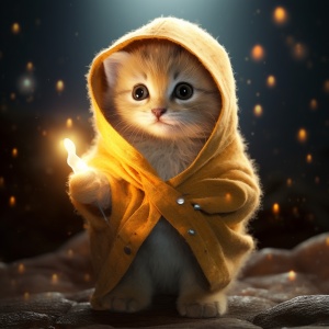一只穿着猫咪外套的小猫咪抱着一颗小星星，在石林黄的风格，戏剧性的灯光效果，tinycore，wlop，迷人的人物，点燃的孩子，水的亮度