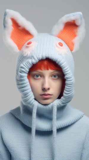 portrait of a person on white background wearing complete pullover head covering. minimal design headpieces with only a few details. Colorful and strange animal heads with bulging eyes. made of needle felted v 6.0 s 50