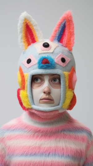 portrait of a person on white background wearing complete pullover head covering. minimal design headpieces with only a few details. Colorful and strange animal heads with bulging eyes. made of needle felted v 6.0 s 50