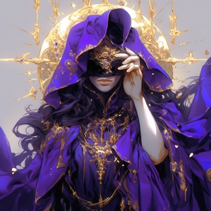 这是一幅蒙着眼睛的女神肖像，穿着长袍，紫色和金色的身体，采用2d游戏艺术的风格，充满活力的插图，天籁朋克，端庄的姿势，精心制作的服装，深蓝色和黑色，鲜艳的颜色组合，高达。