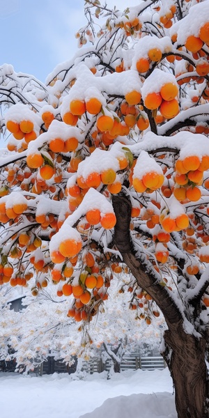 一颗柿子树挂满柿子，下雪，厚厚白雪，江南小镇，雪花，摄影