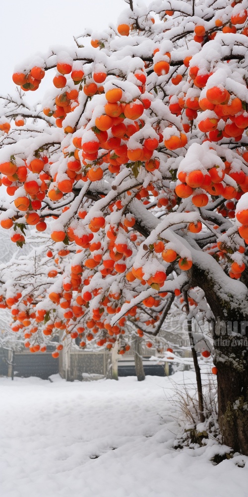 一颗柿子树挂满柿子，下雪，厚厚白雪，江南小镇，雪花，摄影