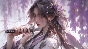 修仙,紫色头发的女人，穿的是道服，拿着一柄仙剑，4k，非常美丽