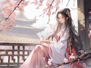一个美丽的女子，黑色长发马尾，穿着浅粉色的汉服，坐在樱花树下，背景在古代房子庭院，有樱花树，樱花飘落，中国古风风格，