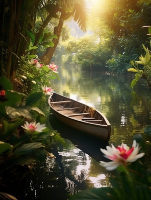 江水清澈，丛林茂密，木船启航，人们迎送