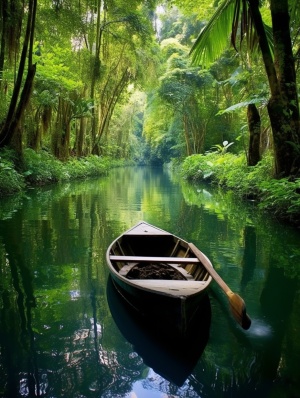 江水清澈，丛林茂密，木船启航，人们迎送