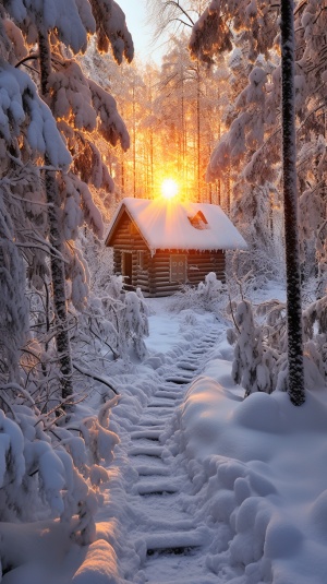 元旦快乐！冬季仙境：冬日的森林被白雪覆盖，一条小溪穿过林间，溪边的树上挂满了冰柱。远处是一座被雪覆盖的小屋，中式小屋的烟囱冒出缕缕炊烟。阳光透过树林洒在雪地上，形成了一道金色的光芒，超现实，神秘感强，