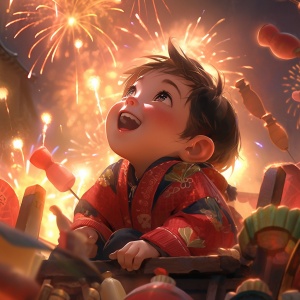 动画环境中的欢乐新年之红色东北大花袄小男孩