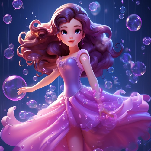 一个公主殿下，棕发，长发随风飘，周围全是泡泡，紫粉渐变瞳孔，全身像，超清画质，二次元漫画，唯美，3D立体，闪光霓虹裙