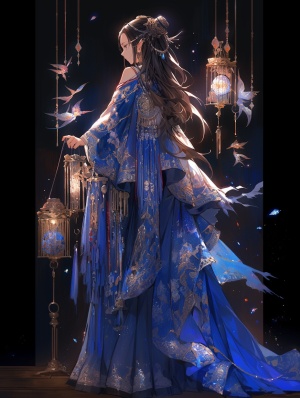 一个古代公主，穿着水晶宫廷星辰鱼尾裙，棕发，端庄，蓝色