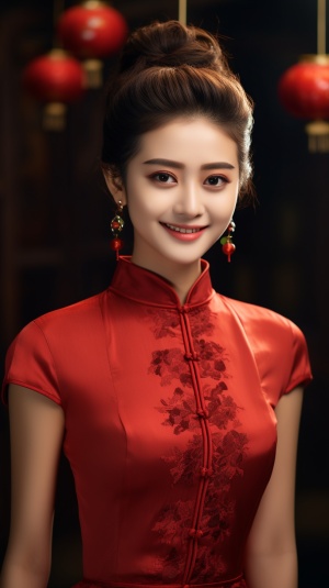 20岁中国女孩真人穿红仓旗袍，超逼真摄影