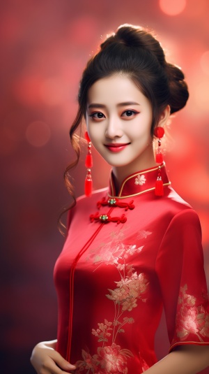 20岁中国女孩微笑穿红色旗袍，大师级摄影呈现
