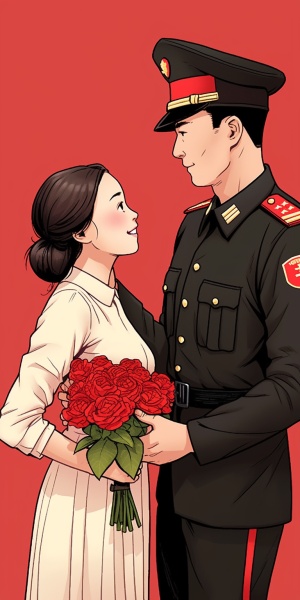 中国武警军恋：一名身着制服的帅气武警战士牵着他美丽坚强的女友的手，二人在红色的背景下深情对视，脸上洋溢幸福的微笑。紧握的手中，还握着一束鲜艳的红玫瑰，象征着他们不离不弃的爱情和坚定的信仰。两人的背后是中国的国旗，那是一面高高飘扬的五星红旗，象征着他们为国家的繁荣安宁而守护着，表达着他们对祖国的深深热爱。