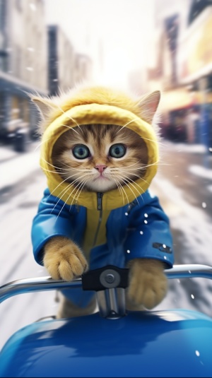 黄色小猫骑电动车疾驰送餐，城市街道雪中急速