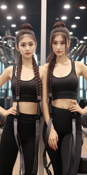 美丽双胞胎姐妹在健身房内保持健康身材