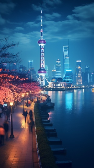 上海外滩夜景：东方明珠闪耀