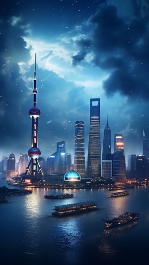 上海外滩夜景，漆黑的天空与东方明珠璀璨对比