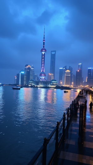 漆黑的天空，乌云密布。上海外滩夜景，东方明珠。黄浦江。有船。