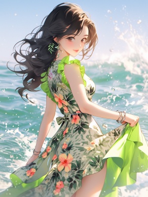 湖泊，太阳，沙滩，身材很好，亚洲女孩，碎花连衣裙，中国插画风，超高清