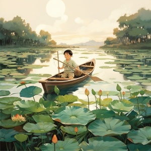 一个池塘，荷花，荷叶，一个小男孩撑着小船在池塘里划向远方，船后的浮萍就下小船划过的痕迹，古风，田园风，中国插画风，超高清
