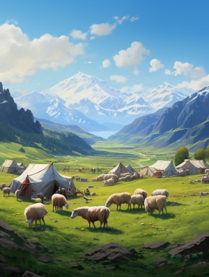 傍晚时分，暖色的阳光斜射雪山和高原，羊群和牧民有着长长的影子，不远处有帐篷，一幅像油画一样的风光。