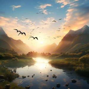 一群大雁朝南飞，背景有太阳，山峰，河流，草地