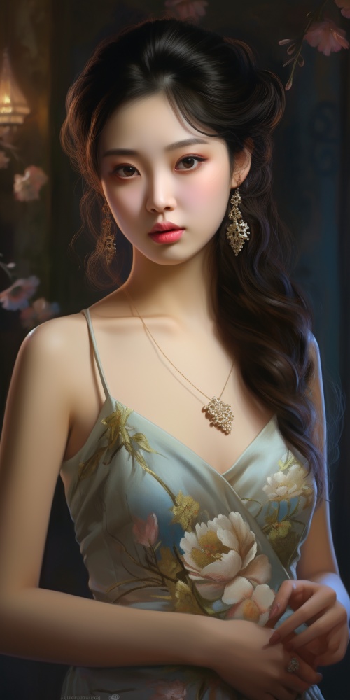 绘制一位拥有优雅曲线、气质出众的中国美女，她以流畅线条勾勒出的身姿曼妙动人，搭配华丽服饰与细腻表情，流露出独特的梦幻气质与内在力量。