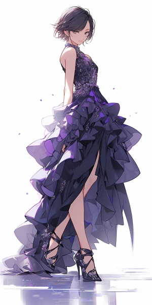 高冷冰山美人，紫色宴会礼服搭配黑色高跟鞋