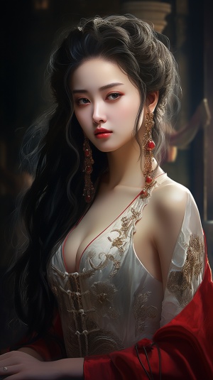 绘制一位拥有优雅曲线、气质出众的中国美女，她以流畅线条勾勒出的身姿曼妙动人，搭配华丽服饰与细腻表情，流露出独特的梦幻气质与内在力量。