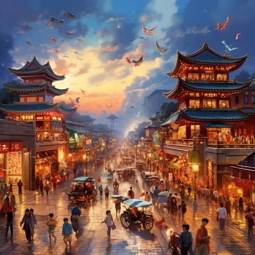 灯火里的中国，姹紫嫣红，热闹非凡，亭台楼阁，古色古香，街上人来人往，一片祥和氛围，国风插画，天青色的画风，