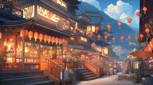灯火里的中国，姹紫嫣红，热闹非凡，亭台楼阁，古色古香，街上人来人往，一片祥和氛围，国风插画，天青色的画风，