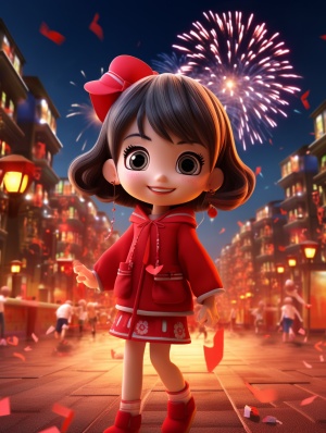 Happy new year,A cute littlegirl,Wearing red Spring Festival clothes,Holding firecrackers,Fireworks in the sky,Pixar style,3D cartoon,Amazing detail,Rich and colorful,High detail,Sharp focus,The background is a bustling city,High resolution,8K,3D rendering ar 3:4 niji 5