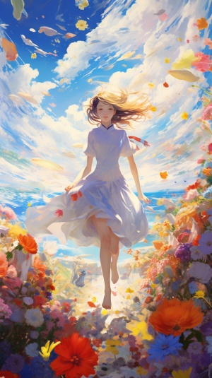 Running girl in the sea of flowers