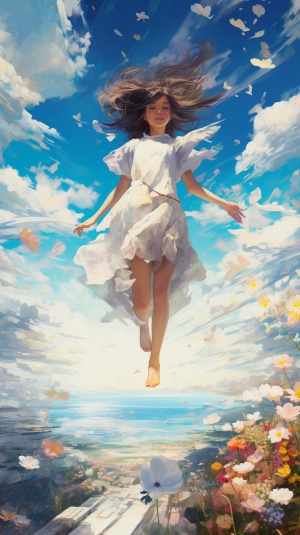 The blue sky, white clouds, and sea of flowers, a girl wearing a white long dress is running happily in the sea of flowers., A painting, cyberpunk ar 9:16