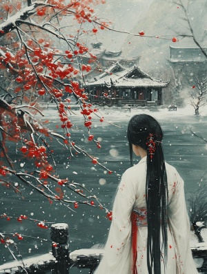 江南湖边的下雪红梅与黑发女子