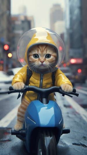 黄色小猫骑电动车疾驰送餐，城市街道雪中急速