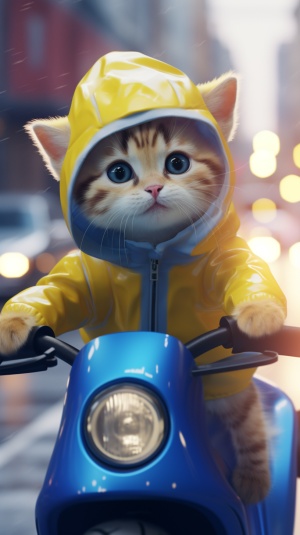 4k,一只黄色小猫，身穿蓝色饿了么外卖服，头戴头盔，带墨镜骑上电动车，在大雪纷飞的城市街道中疾驰送餐，表情着急，全身镜头，周围镜头模糊虚化，3D迪士尼风格。